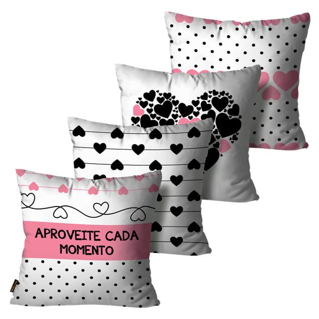 Kit com 4 Capas de Almofadas Decorativas Frase Rosa 45x45
