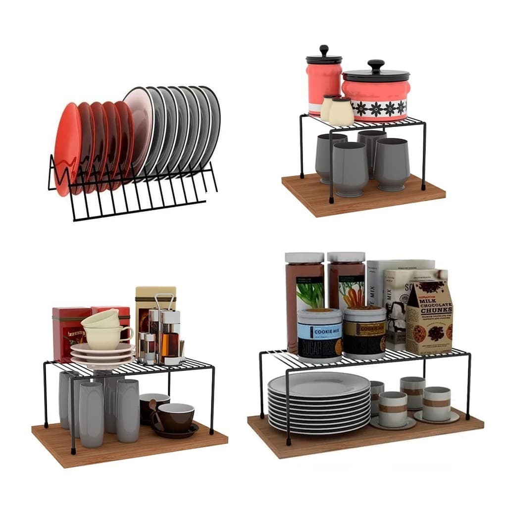 Kit Prateleiras Organizador Armário De Cozinha + Porta Pratos Suporte