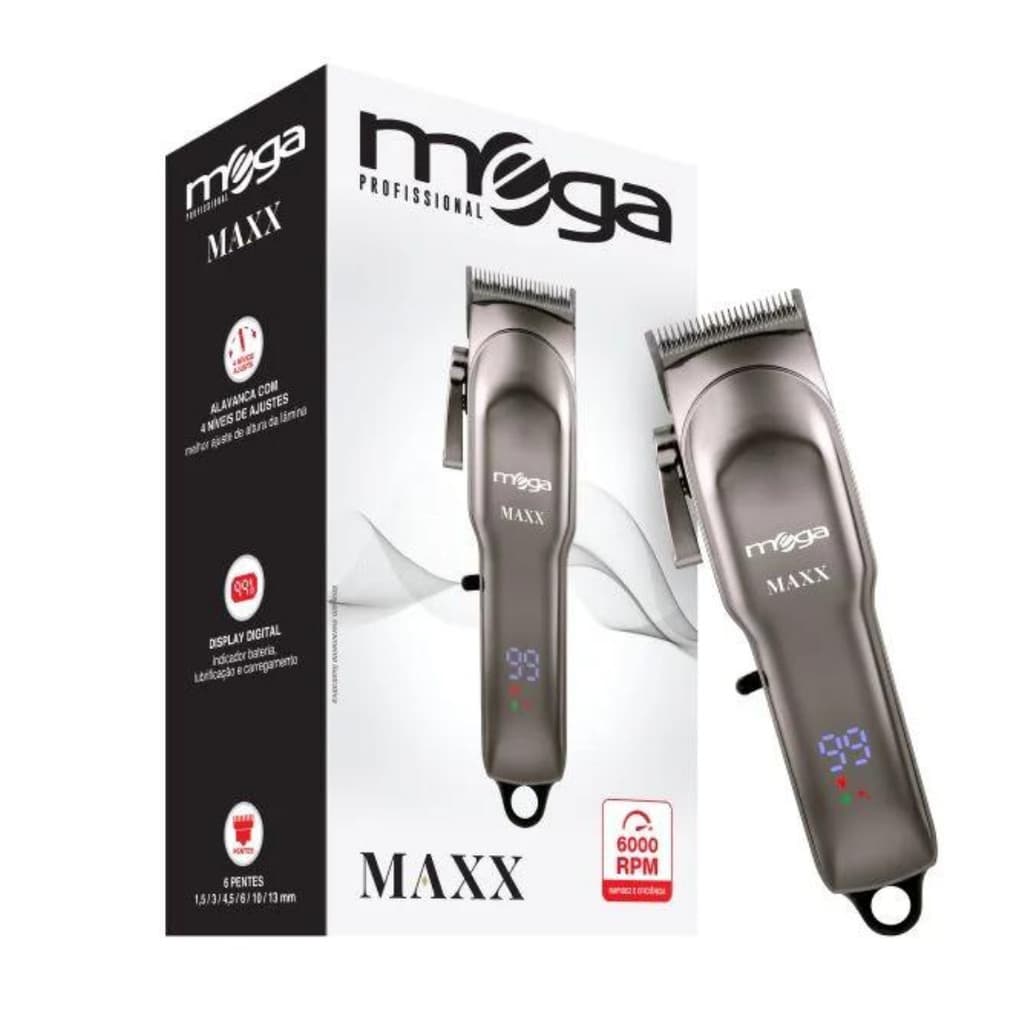 Máquina de Corte Maxx Mega Lâmina Fade 6000RPM Bateria 2 Horas Display Digital