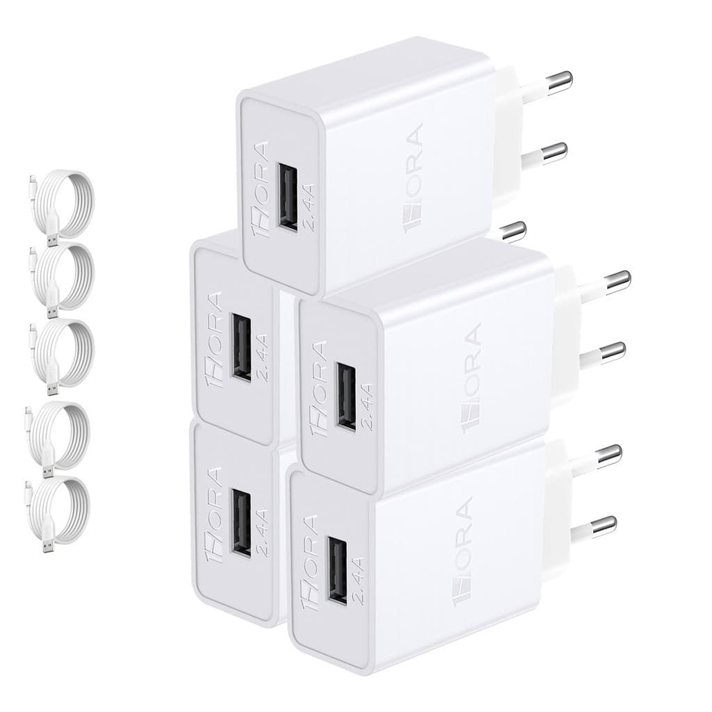 KIT 5X Carregador Usb 1Hora, 2.4A + Cabo Usb A/Lightning Branco