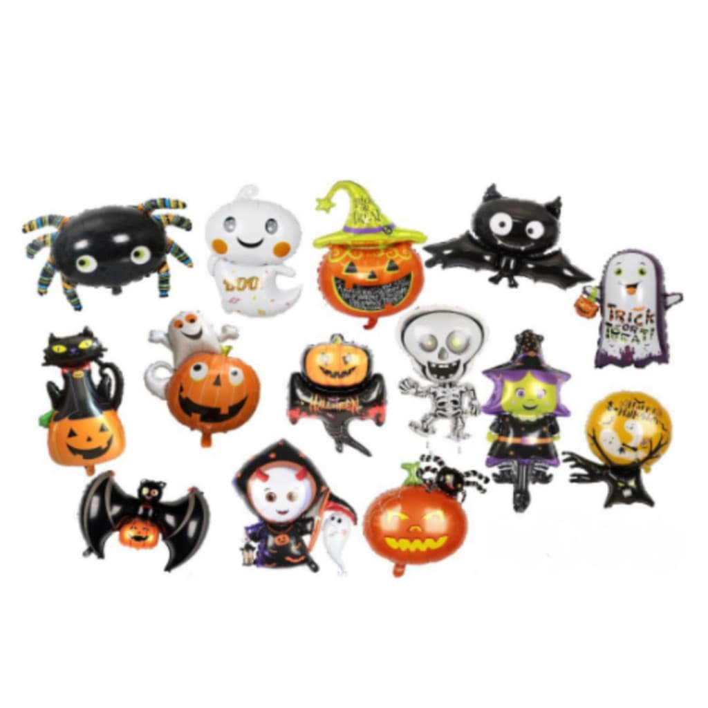Kit C/14 Balão Metalizado Festa Halloween Centro De Mesa 32cm Dias dos Mortos Bruxa Esqueleto Abobora Morcego Aranha etc