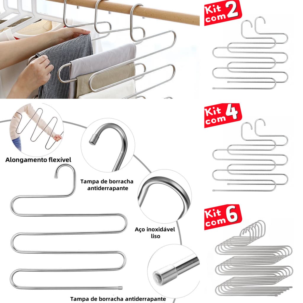 Kit Cabides Multiuso 5 em 1 Aço Inox Guarda Roupa Organizador Reforçado Adulto Calça Saias Camisetas
