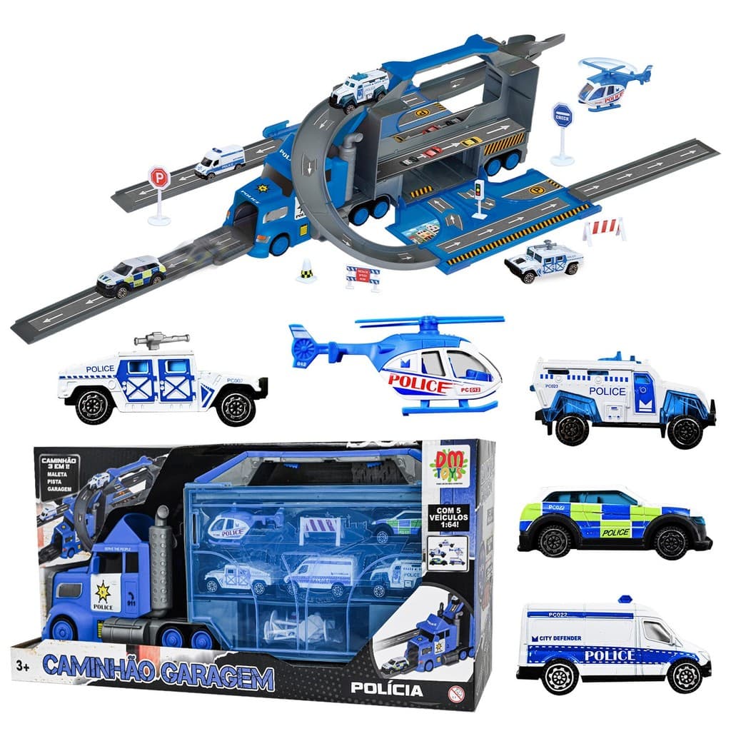 Brinquedo Caminhão Polícia Com Pista Infantil Interativa E Maleta Com Acessórios - Dm Toys