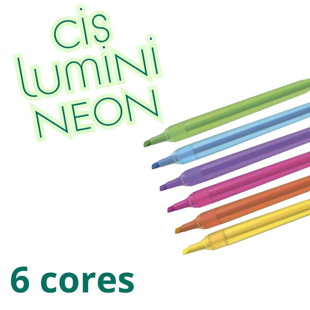 kit 6 Caneta Marca Texto Cis Lumini Lite neon - Roxo Rosa Laranja  Amarelo Verde e Azul