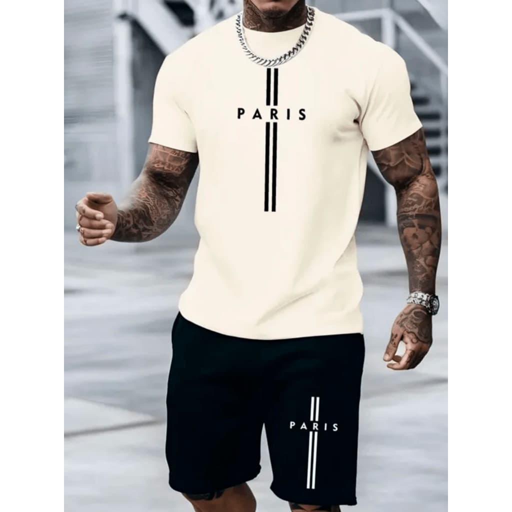 Kit Camiseta Masculina 100% Algodão + Bermuda Moletom Lançamento Estampada PARIS II  Confortavel Diversas cores Unissex