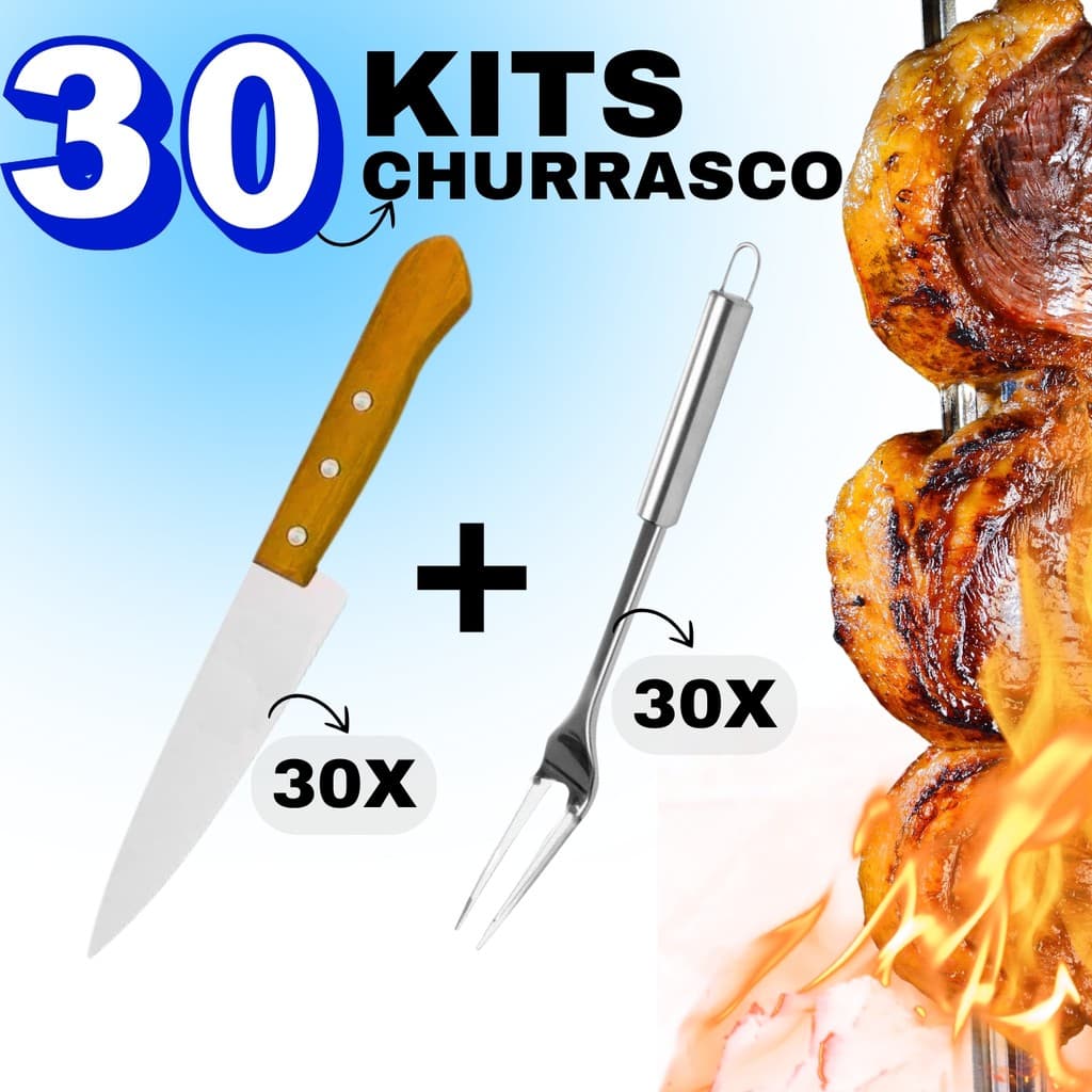 30 Kits Facas e Garfo Trinchante Inox Churrasco Do Chef Cabo Madeira