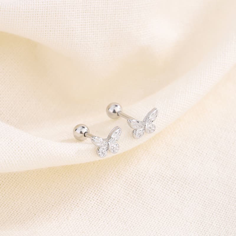 Brincos de prata simples e elegantes, brincos de parafuso femininos, design fofo de borboleta, estilo floresta