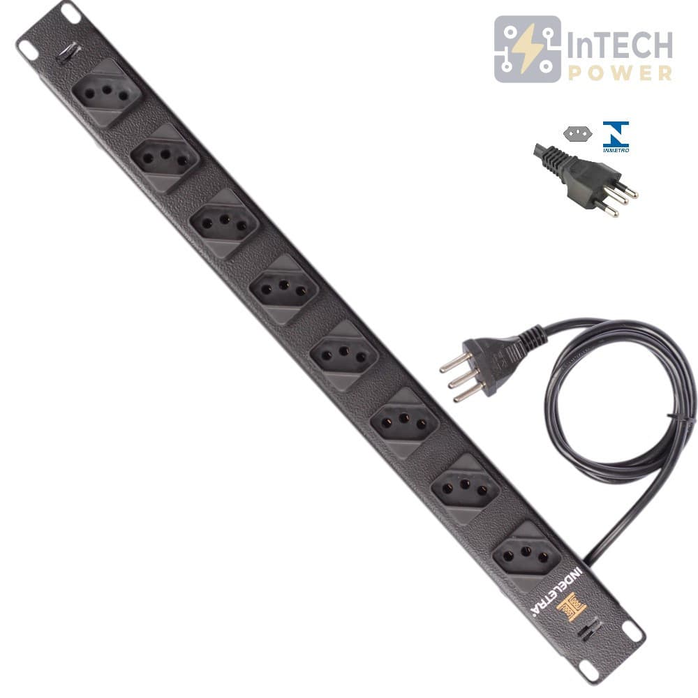 RÉGUA PADRÃO RACK 19 POL. 1U 8 TOMADAS DIAGONAL ATÉ 10 AMPERES - 127/220V - CABO 1,2M - PRETO