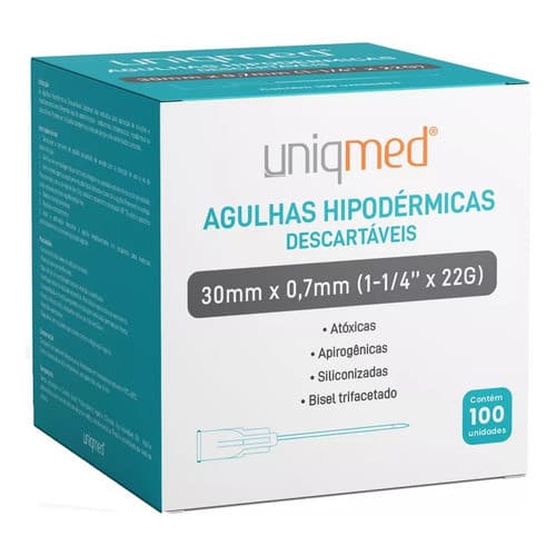 Agulha HiPodérmica Descartável 30mm X 0,7mm, 22g - Uniqmed
