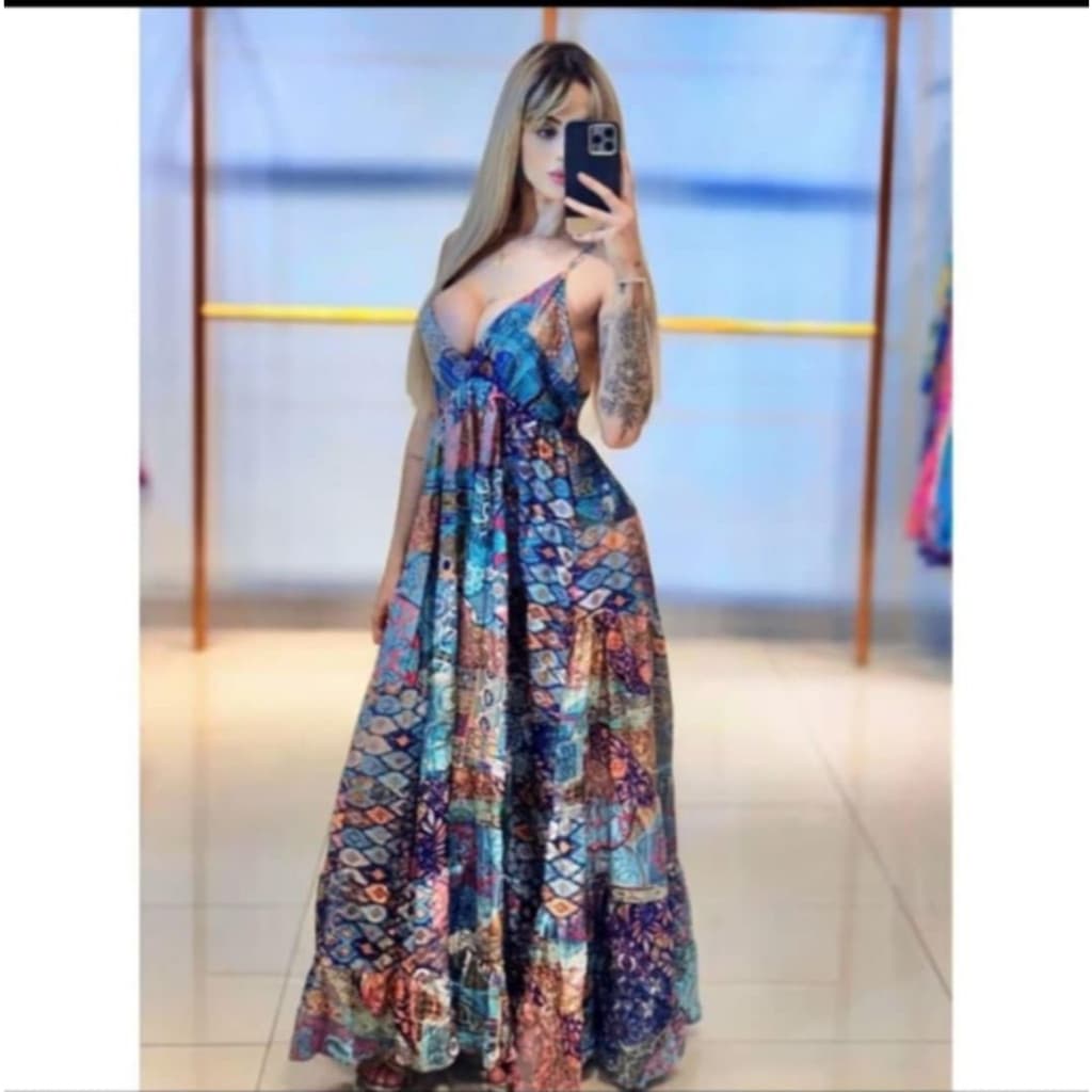Vestido Indiano Feminino longo Elegante  Costa Nua Alça