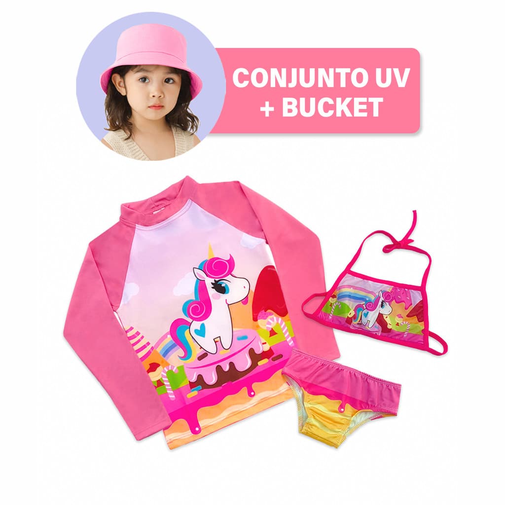 Conjunto UV infantil Biquíni Completo + Bucket Proteção Solar Praia Verão Meninas