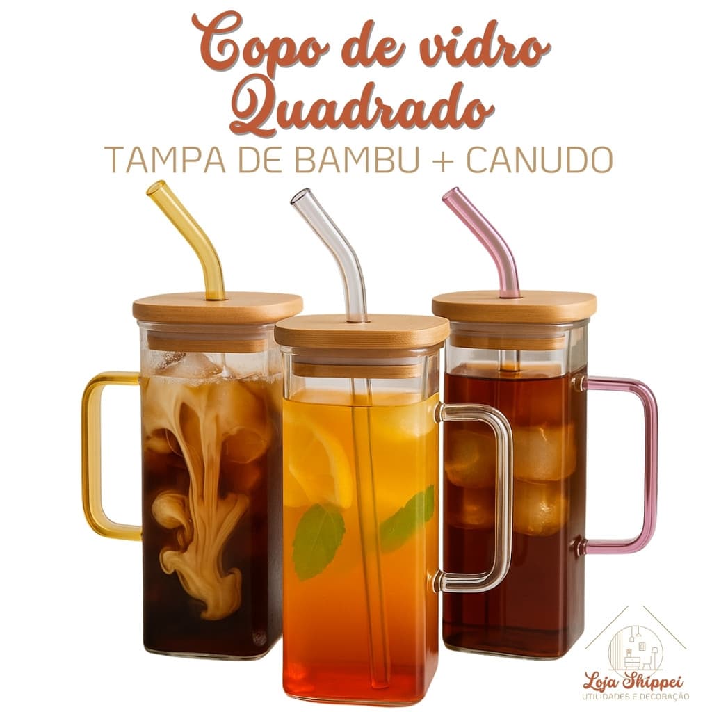 Copo de Vidro Quadrado 350ml com Alça e Tampa Bambu e Canudo