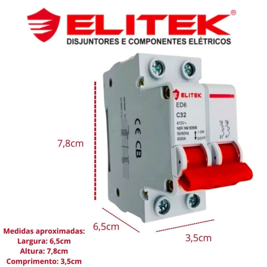 Disjuntor Bipolar Duplo Bifasico 2 Polos16a, 20a, 25a, 32a, 40a, 50a, 63a, Din ED6 Elitek