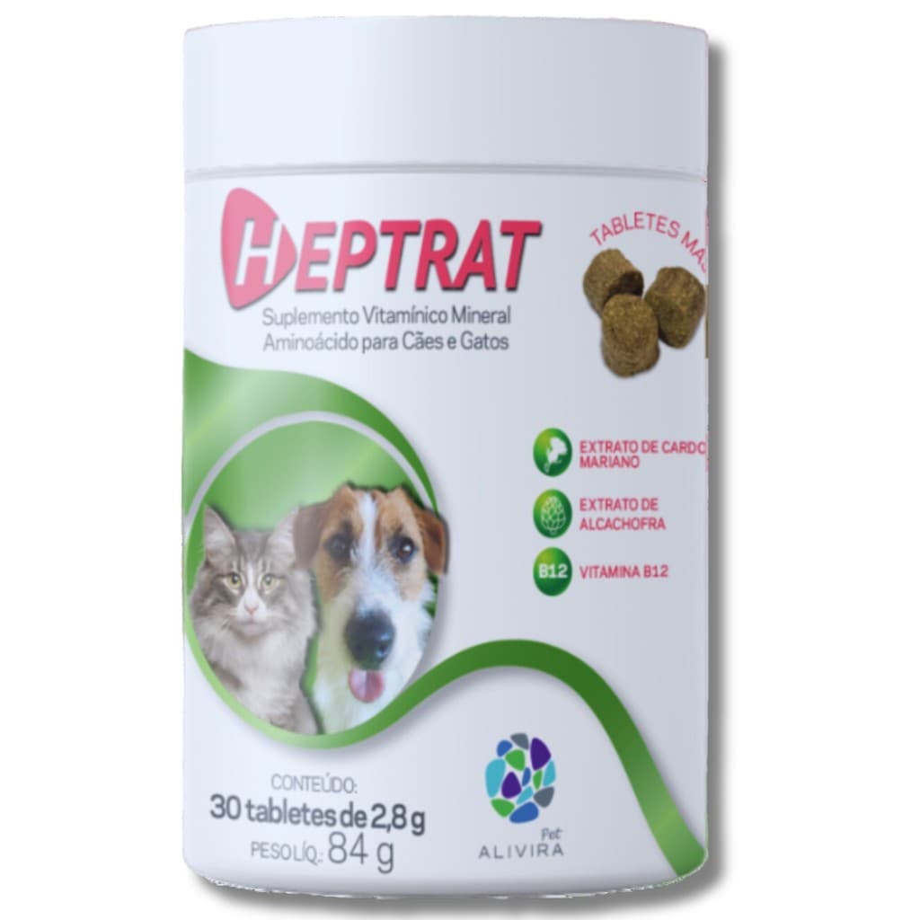 Suplemento para o Figado Heptrat Tabletes Mastigaveis Alivira Pet 84g Cães e Gatos