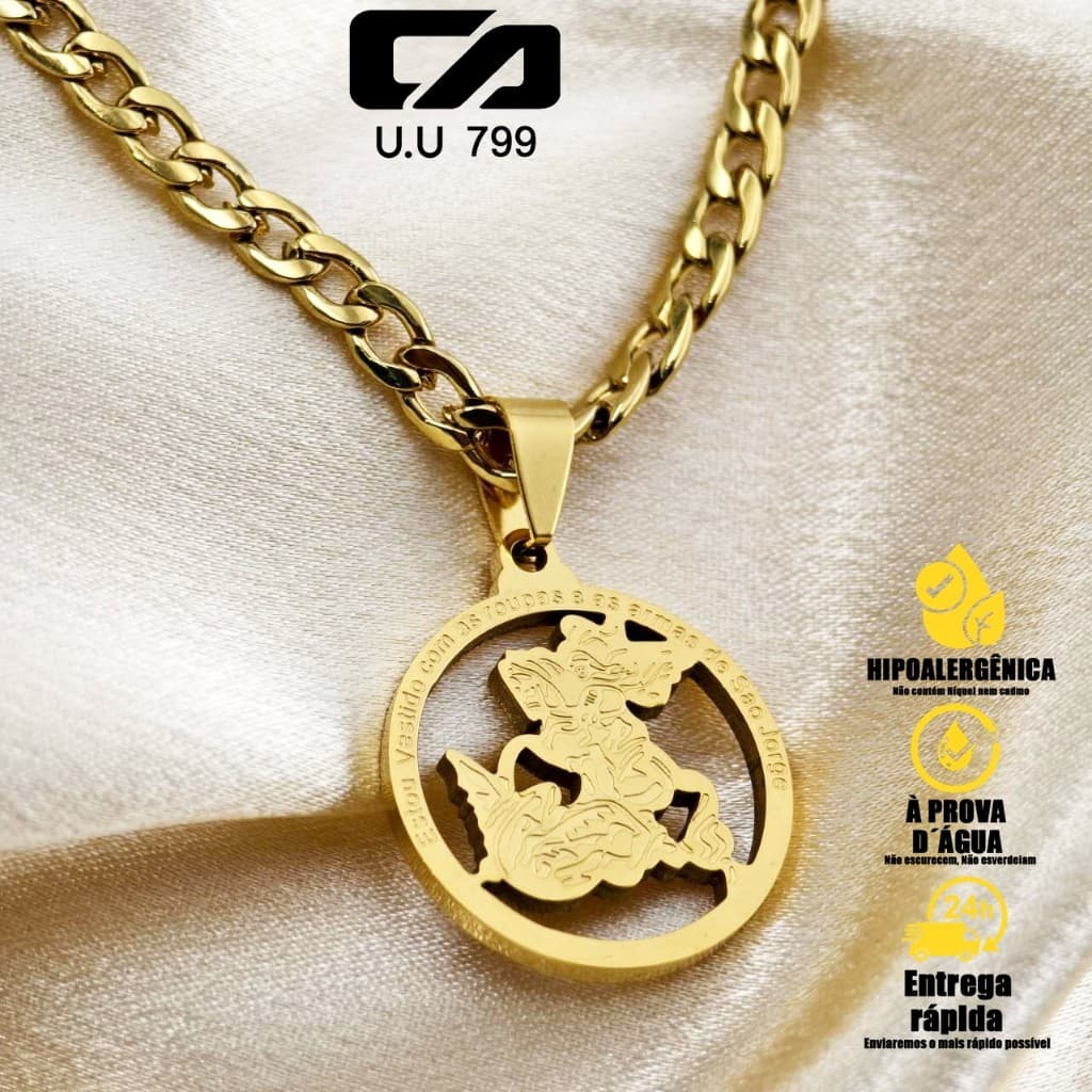 Corrente Masculina/Feminina e Pulseira Douradas em Aço Inox com Pingente São Jorge - Estilo Único