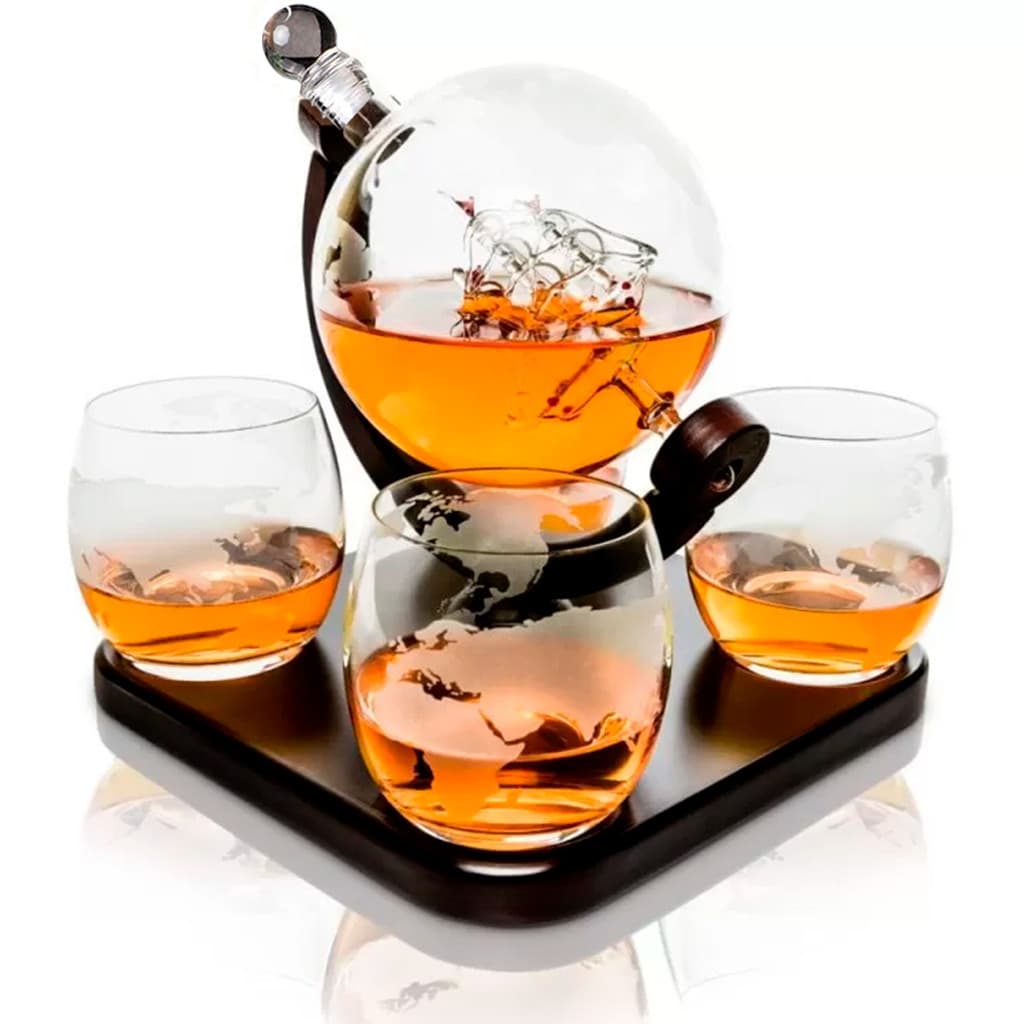 Decanter Whisky Garrafa Decantador Vinho Vodka Navegação Volta ao Mundo com Quatro Copos