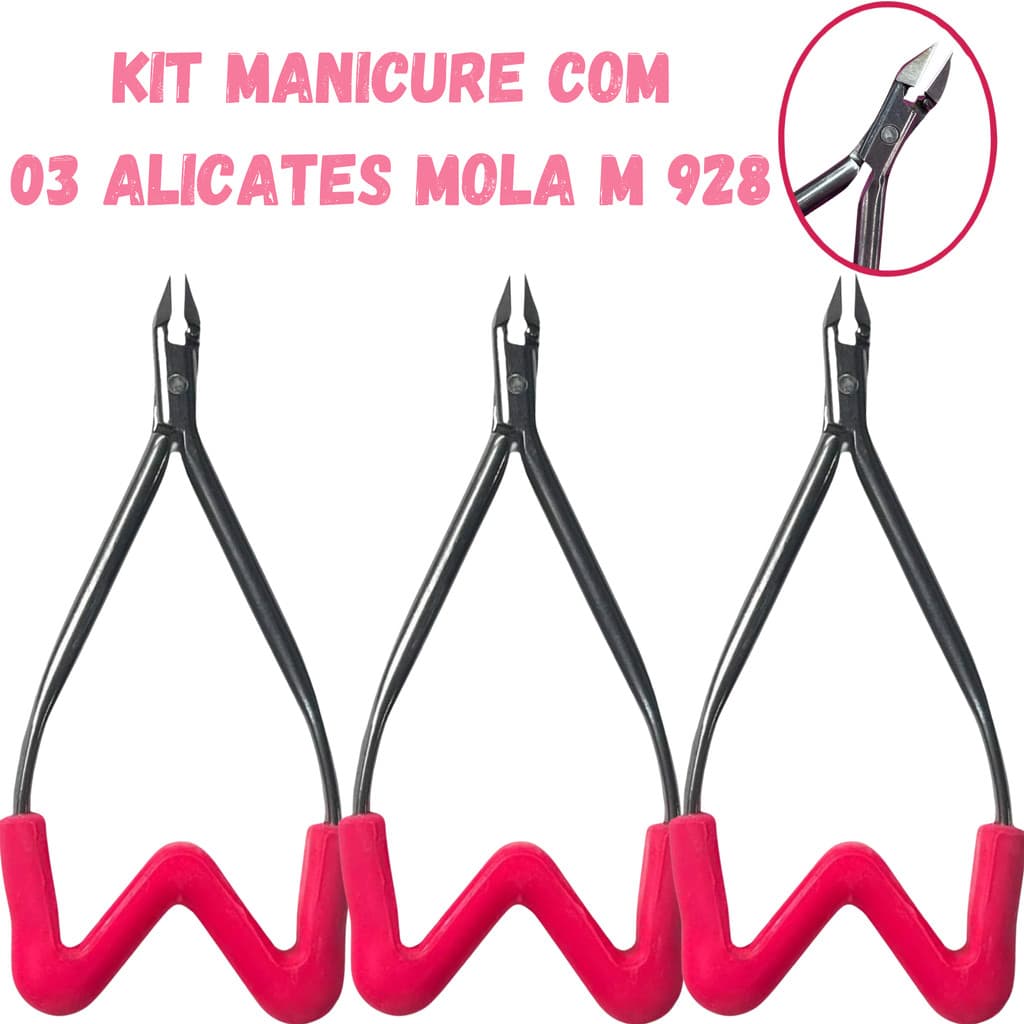 Kit com 03 Alicates de Cutículas Mola M 928 Delicate - Kit Manicure
