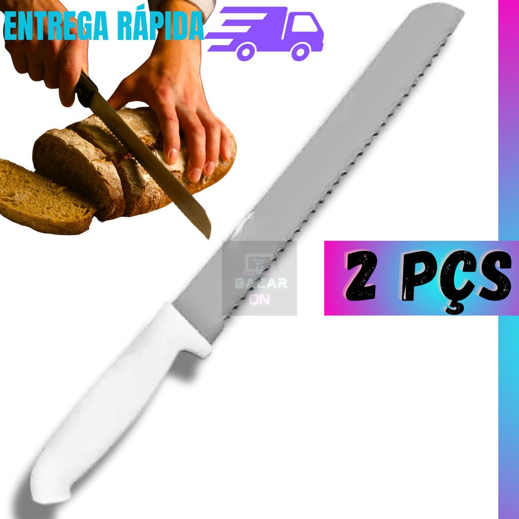 Kit 2 Facas Para Pão Com Cabo Branco Ergométrico 32cm Grande Serra Afiado Aço Inox Profissional