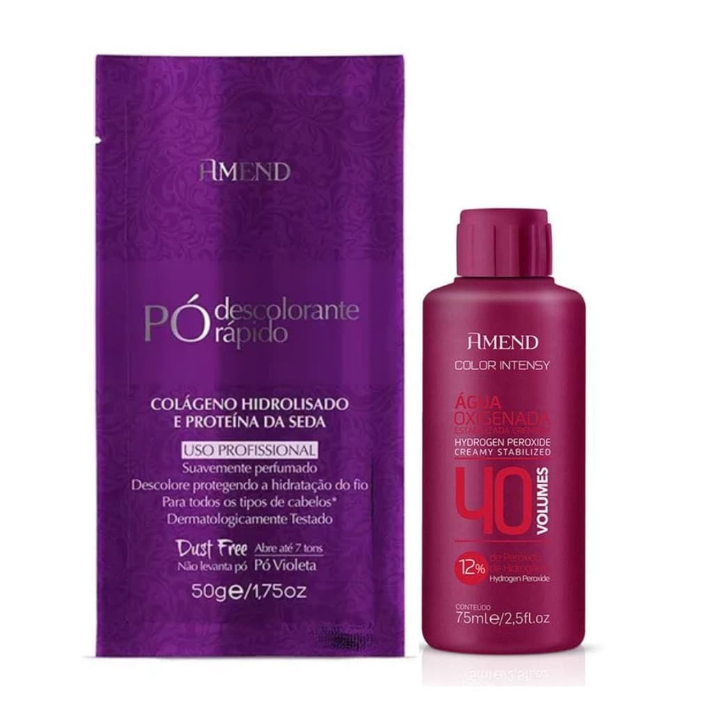Kit Pó Descolorante Colágeno e Proteína da Seda 50g + Oxigenada 75 Ml Amend