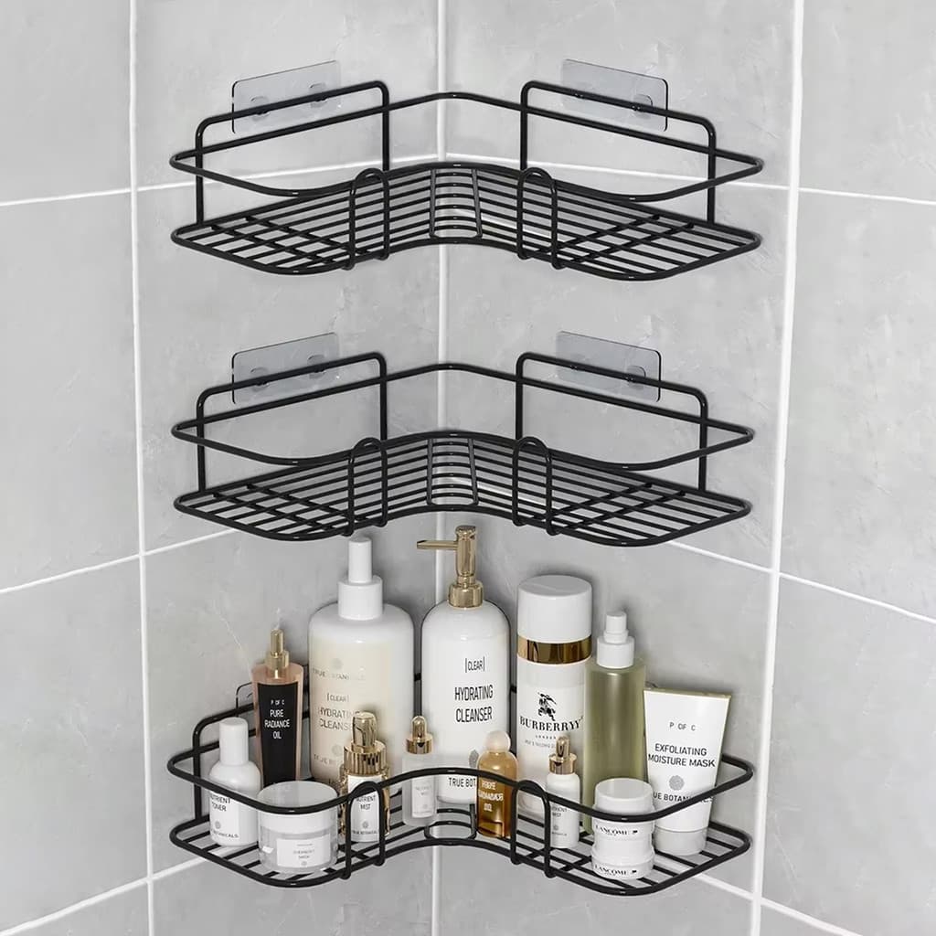 Kit 3 Prateleiras Cantoneira Banheiro E Cozinha Adesiva Metal Porta Shampoo Sem Furos Organizador De Canto