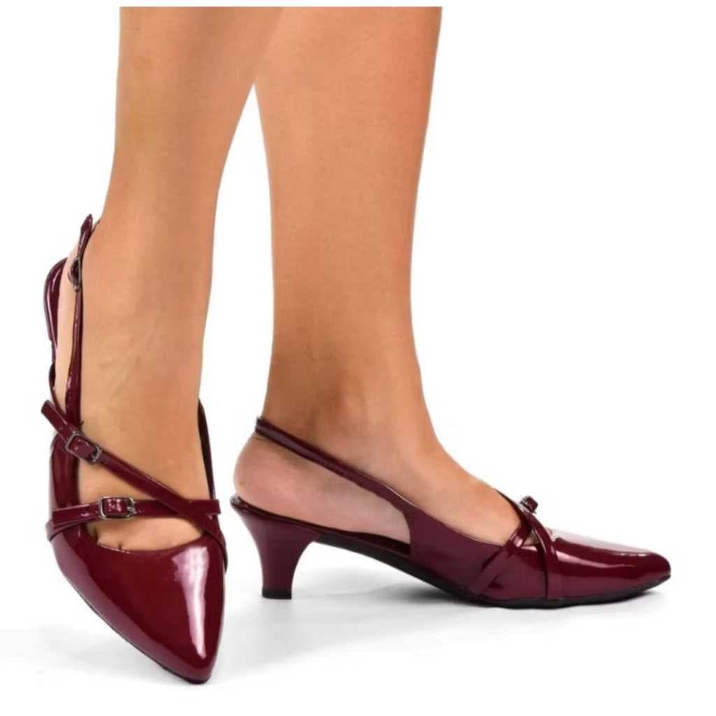 Sapato Feminino Scarpin Social SlingBack Verniz Salto Taça Fino Médio Tiras Ajustável Retrô Confortável