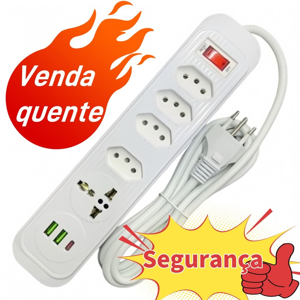 Extensão Elétrica Bivolt Power T06U 3m - 10A, 110v/220v Compatível, Versão 5.0 Super Potente!