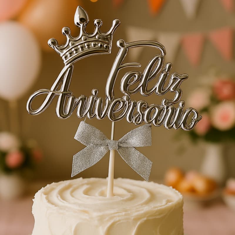 Topo de Bolo Topper Escrito Feliz Aniversario com Coroa 5 Cores