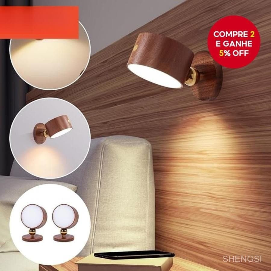 Arandela de Parede de Madeira com LED 360 °     Luz Noturna Magnética Rotativa Recarregável para Leitura e Iluminação Re