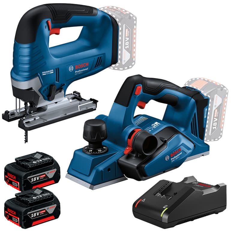 Kit Serra Tico-Tico GST 185-LI  Plaina GHO 185-LI  2 Baterias GBA 18V 4Ah e Carregador Bivolt GAL 18V-40