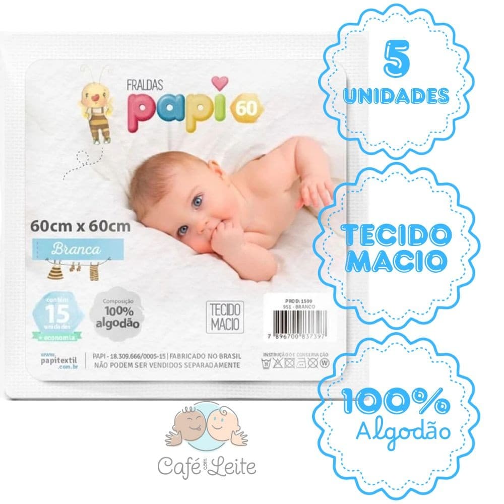 Fralda Papi Branca 60 cm x 60 cm Pacote Com 15 Unidades 100% Algodão