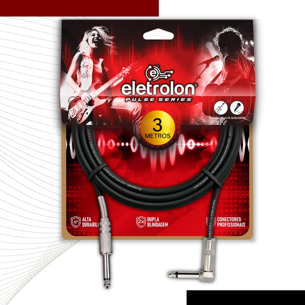Cabo Plug P10 / P10 90º Graus Mono Para Violão Guitarra Baixo Alta Qualidade PULSE -  Disponível em Vários Metros