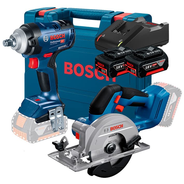 Chave de Impacto 1/2" GDS 18V-400 + Serra Circular 5.1/2" (140mm) GKS 18V-51 + 2 Bateria 4Ah + Carregador Rápido Bosch