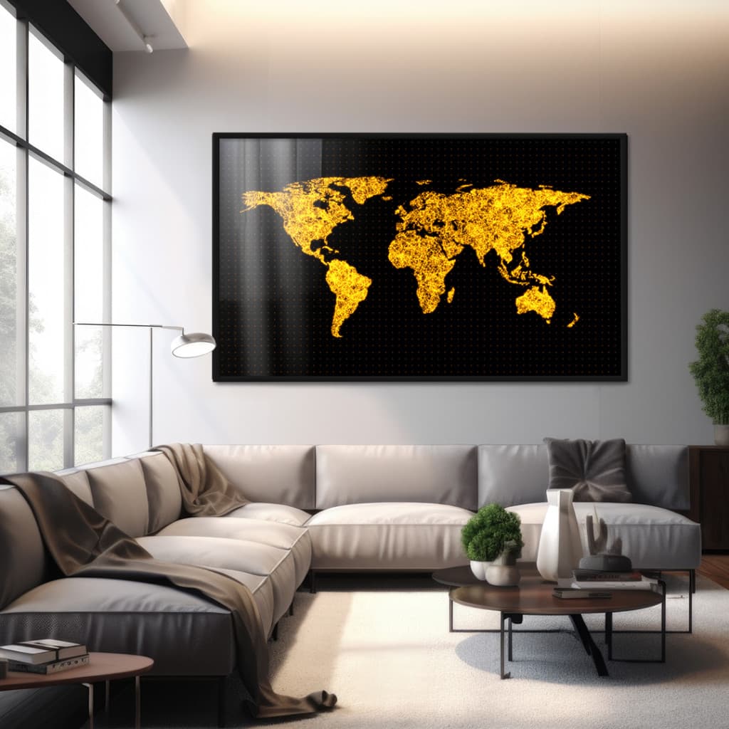 Quadro Decorativo GRANDE Alta Resolução Para Sala Quarto Escritório Mapa Mundi Dourado