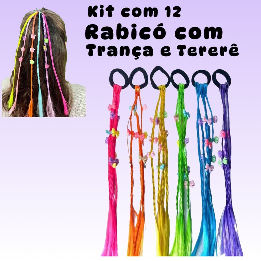 Kit com 12 Rabico Com Mecha Trança Tererê  De Cabelo Elástico Acessório