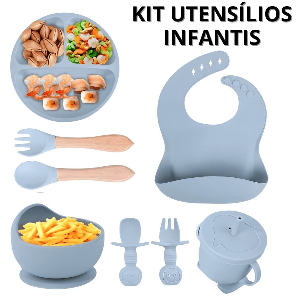 Kit Alimentação Bebê 8 Peças Prato Infantil Com Divisória Colher De Silicone Para Bebe babador Copo