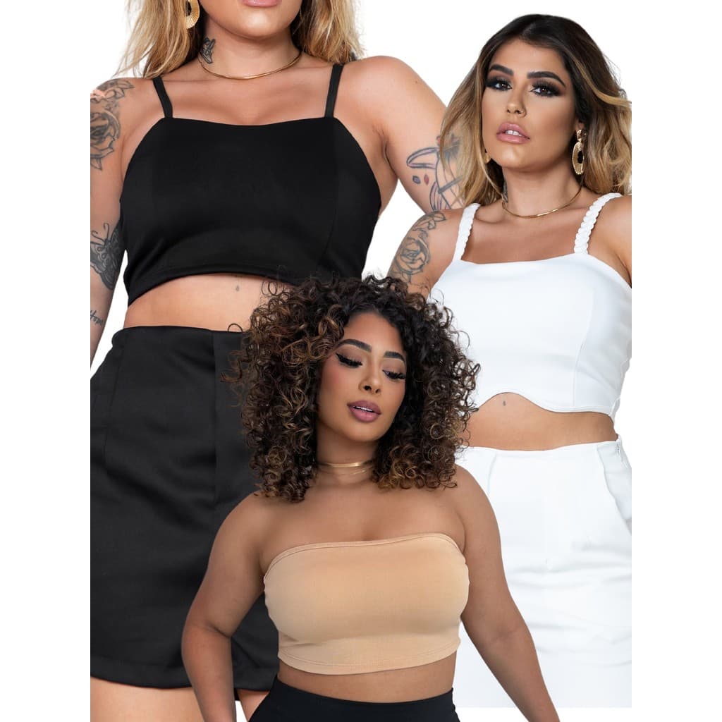 KIT 3 Top Cropped Feminino Variados Faixa Alça Fina Trançado Academia Balada Casual