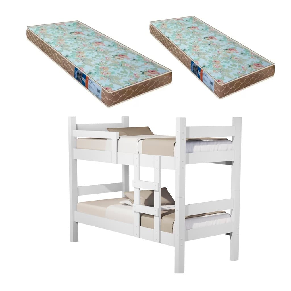 BELICHE LETICIA COM ESCADA E GRADE PROTEÇÃO VIRA 2 CAMAS SOLTEIRO -MDF + 2 COLCHÕES D23-Branco