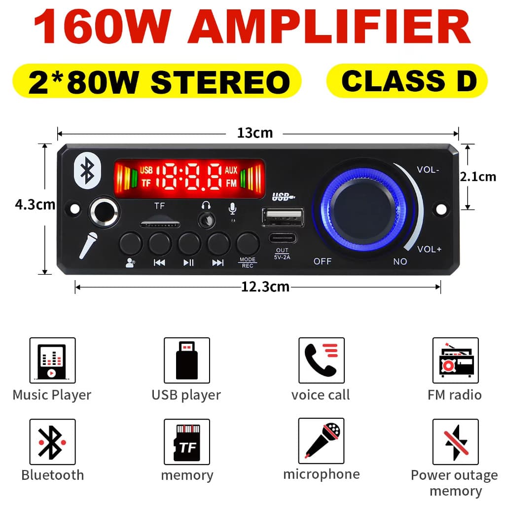 Amplificador Bluetooth 5.0 MP3 160W Placa Decodificadora USB FM AUX Módulo Gravação Áudio Carro