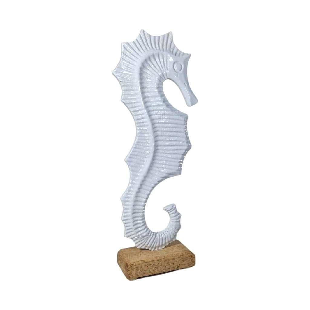 Escultura Decorativa Metal Branco 21cm Cavalo Marinho Praia Enfeite Sala De Estar Oceano Mar