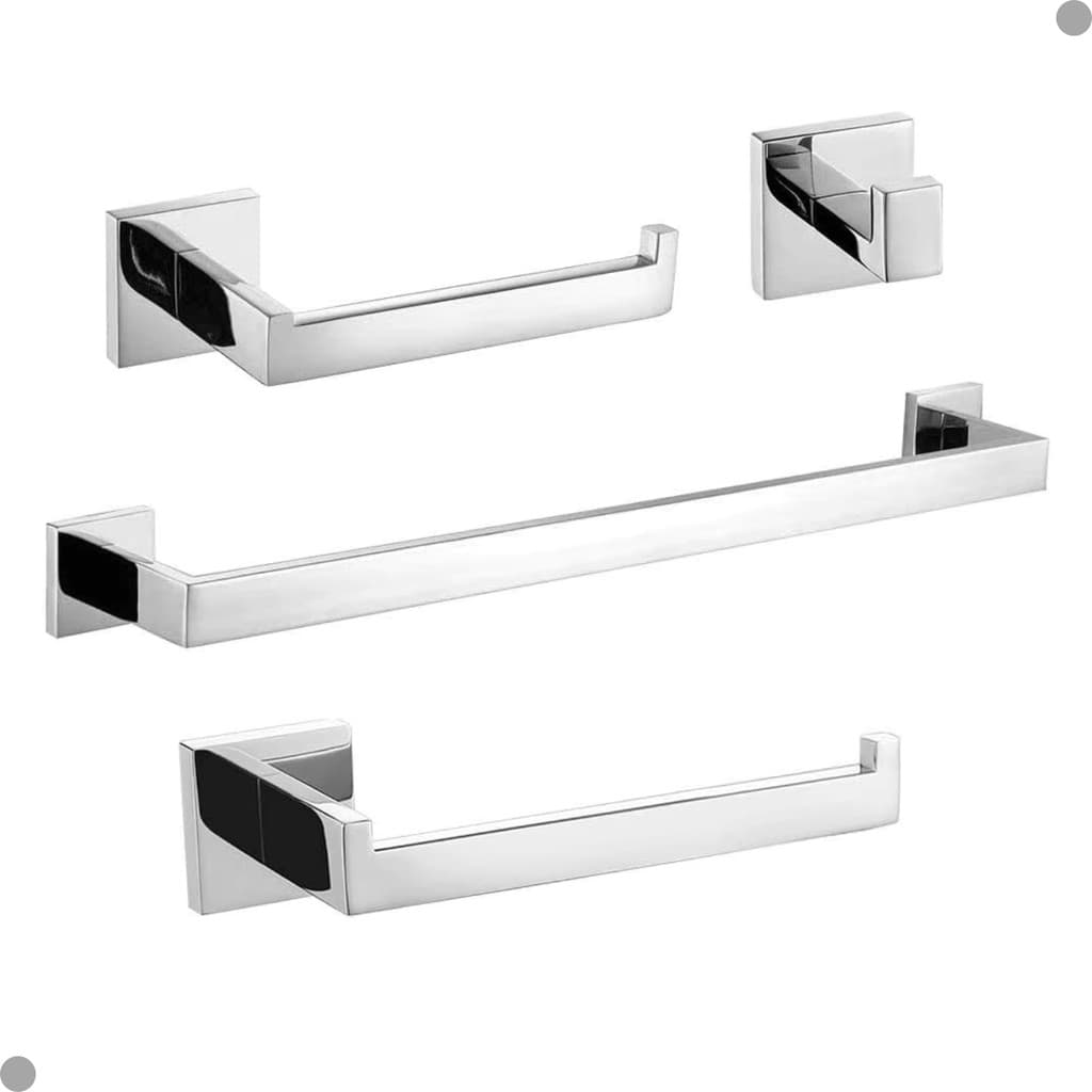 KIT ACESSORIOS PARA BANHEIRO ACABAMENTO QUADRADO AÇO INOX CROMADO 4 PEÇAS