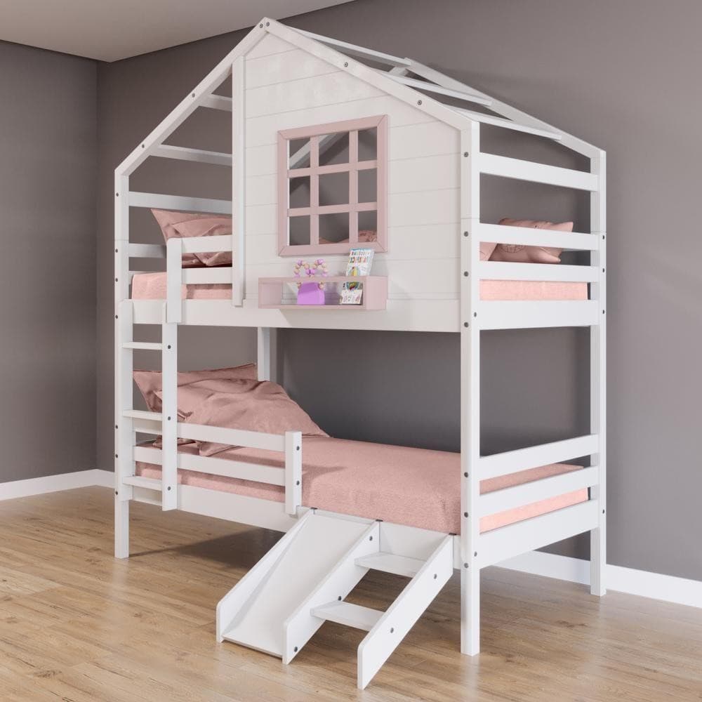 Beliche Casinha Janela Escada Escorregador Grade Branco Rosa
