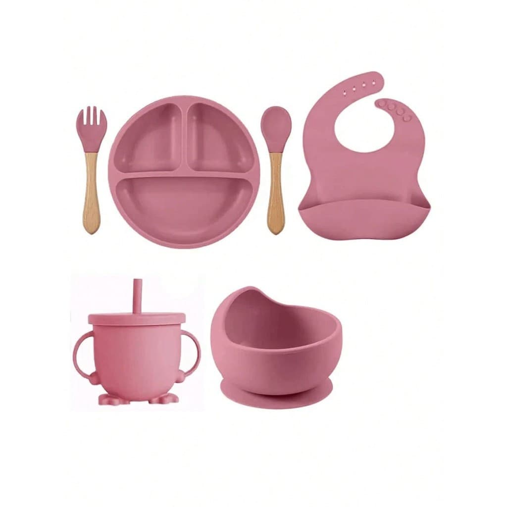 Conjunto De Silicone Refeição Introdução Alimentar Prato Copo Talher Babador Bebê Infantil 6 Peças