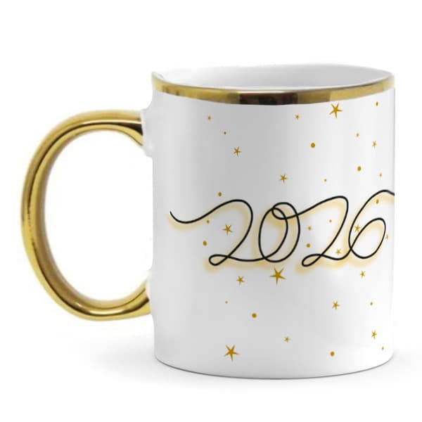 Caneca Premium Feliz Ano Novo Reveillon 2026 com alça e bordas douradas ou branca
