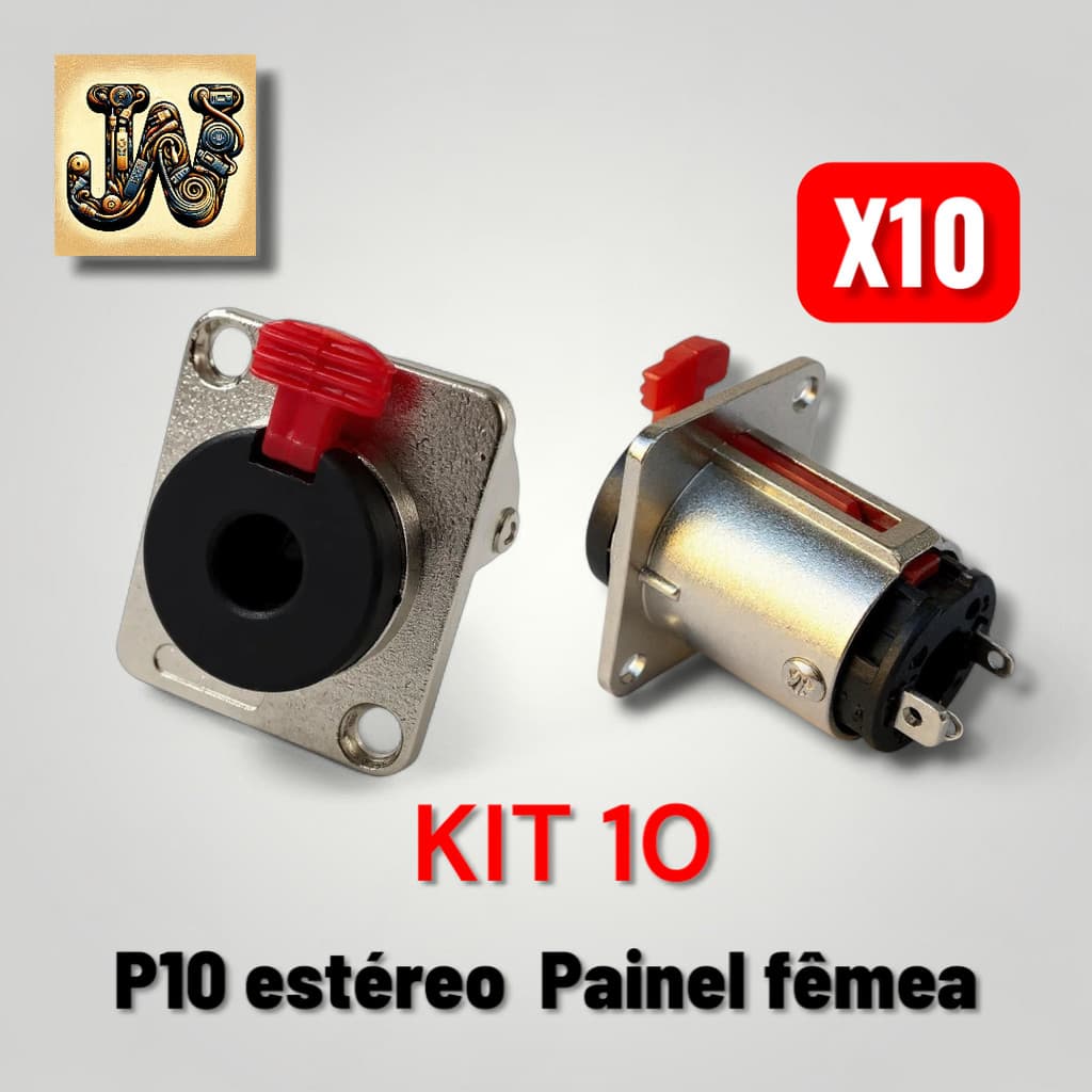 Kit 10 Conectores P10 Estéreo Fêmea de Painel com Trava - Universal