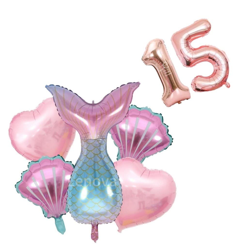 kit Decoração 5 Balões Metalizados Sereia Cauda Coração e Concha + 1 ou 2 Números Rose Metalizado