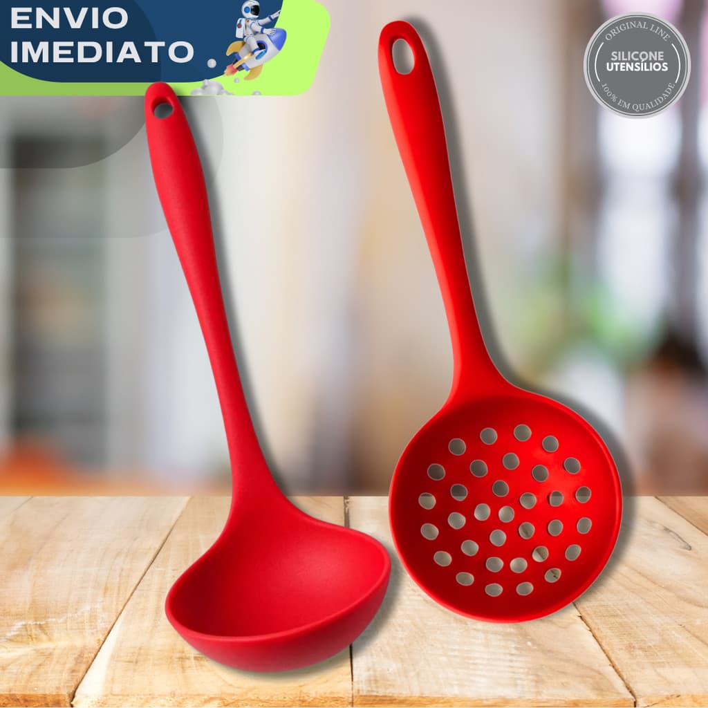 Conjunto Concha + Escumadeira Silicone Premium Utensílios Caldos Frituras Feijão Arroz Cozinha Antiaderente Restaurante