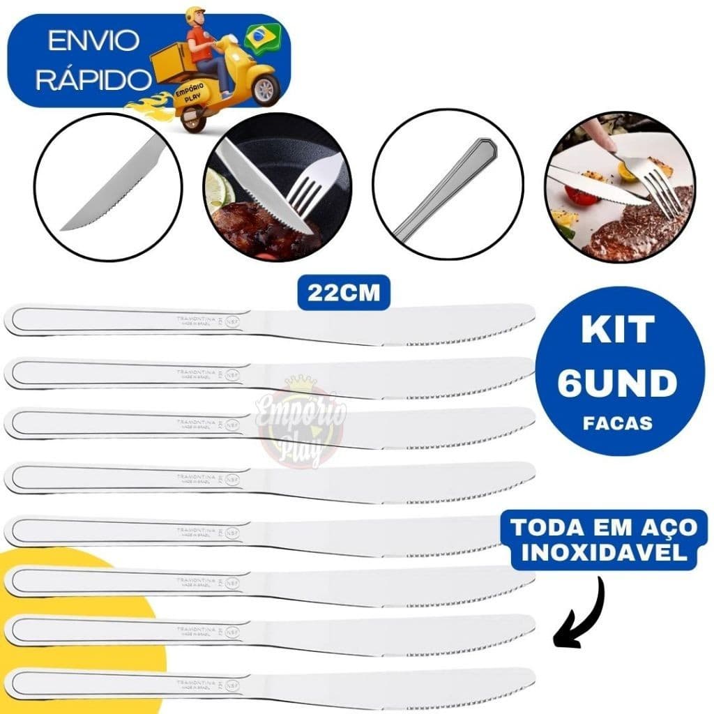 Jogo 6 Facas Inox de Mesa Talher Casa e Restaurante Churrascaria Churrasco Kit 6 Pcs