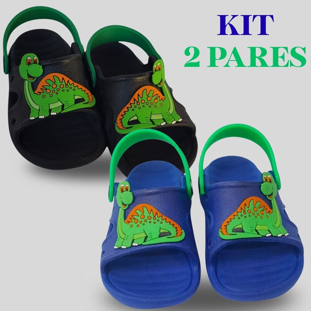 Kit 2 Pares Sandália Papete Infantil Masculino Chinelo Dinossauro Menino Verão Volta Aulas Escolar