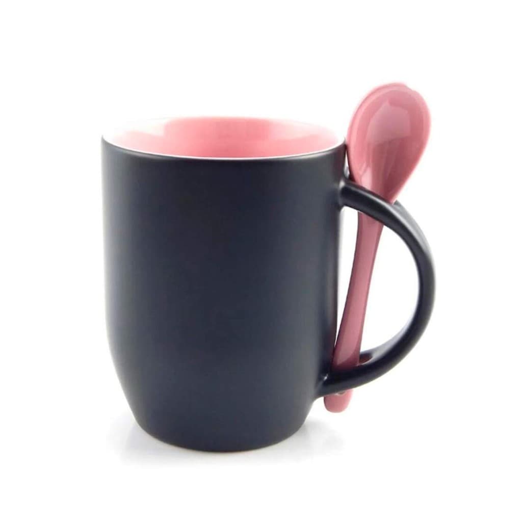 Caneca de Cerâmica Mágica com Interior e Colher Rosa para Sublimação - 325ml