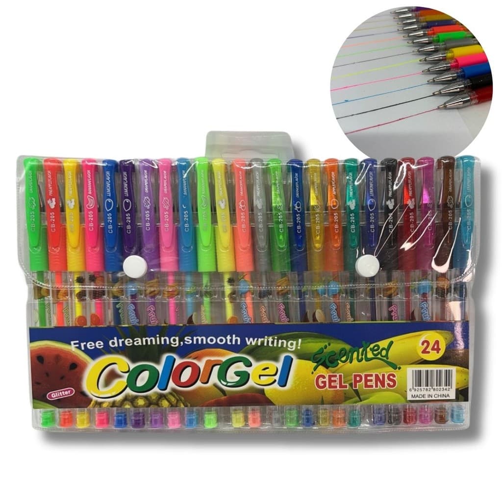 Conjunto de 24 Canetas Gel Glitter Coloridas Temáticas de Frutas